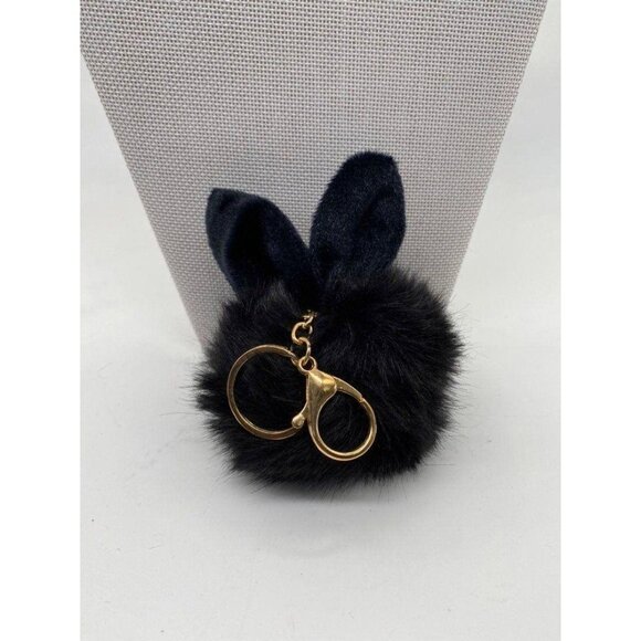 Black Bunny Ears Fur Ball Keychain Charm With Plush Key Holder - Picture 2 of 6